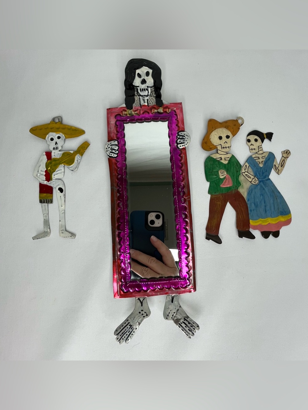 Handcrafted Mexican Tin Folk Art Mirror & 2 Day of Dead Skeleton Ornaments